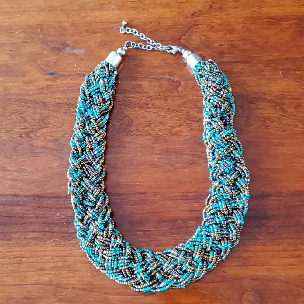 Boho turquoise and silver/gold Woven  Beaded Collar Necklace